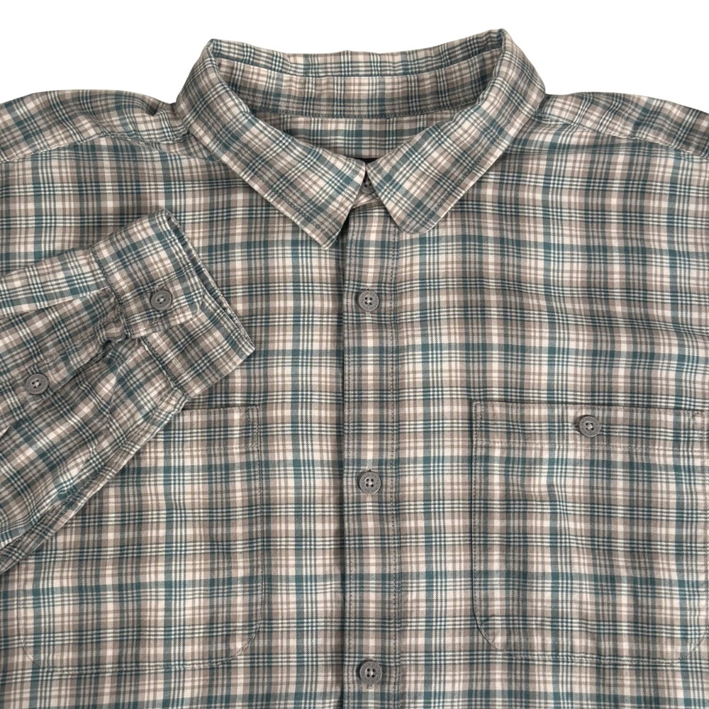 Patagonia Organic Cotton Flannel Plaid Button Down Shirt Tan Green Mens XL